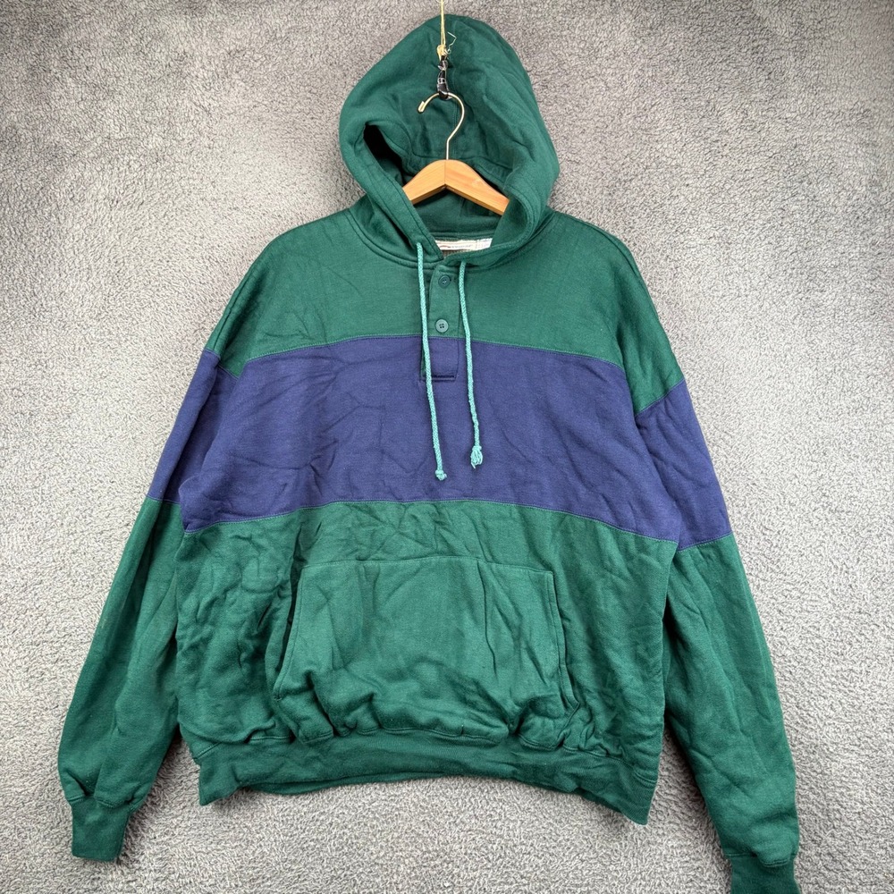 Sports Afield Mens 2XL Green Blue Colorblock Henley Hoodie Waffle Lined Pullover